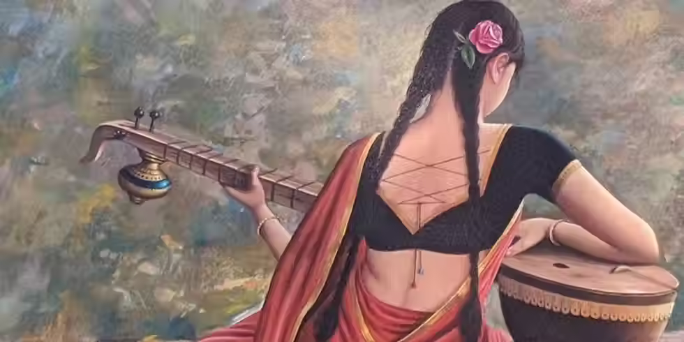Woman playing the veena in traditional attire.