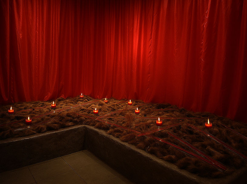 Schlafkammer, Salon Antar Hamburg,Menschenhaare, Rosensärge, Zwischen den Welten, Salonausstellung November 2025,sakrale Verdichtung, Sakral, Vergänglichkeit, Spuren, Wandlung