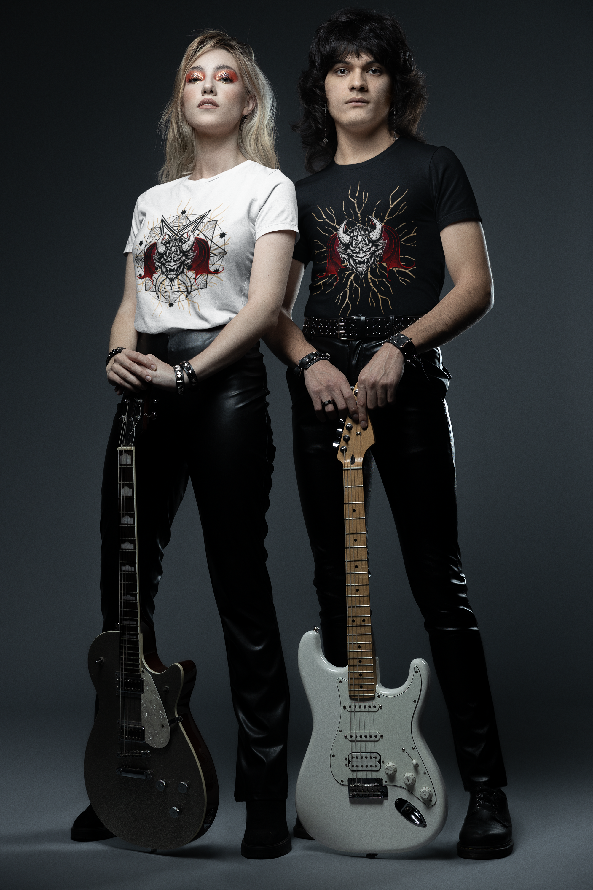 Rock style Man and Lady wearing Demon of music T-shirt in white and black