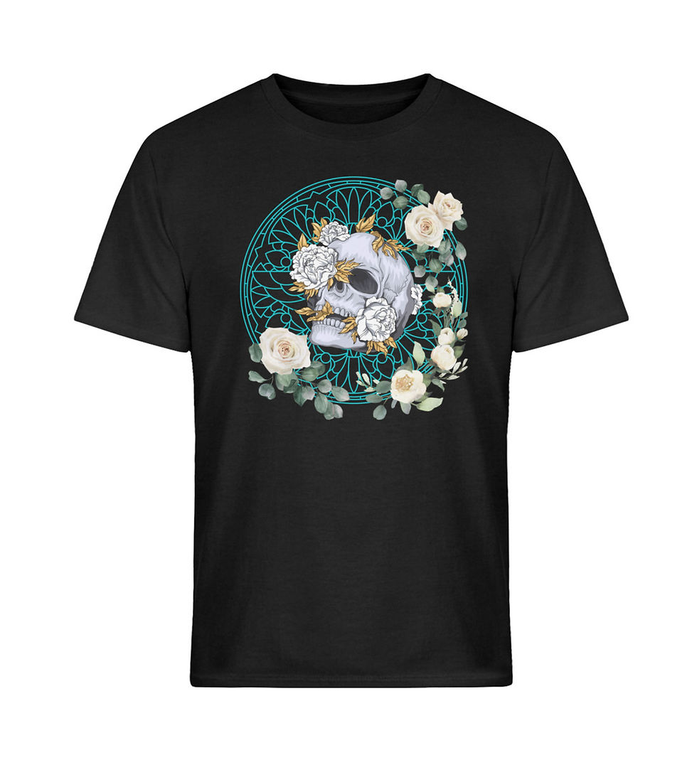 Unisex Skull And White Roses T-shirt in black