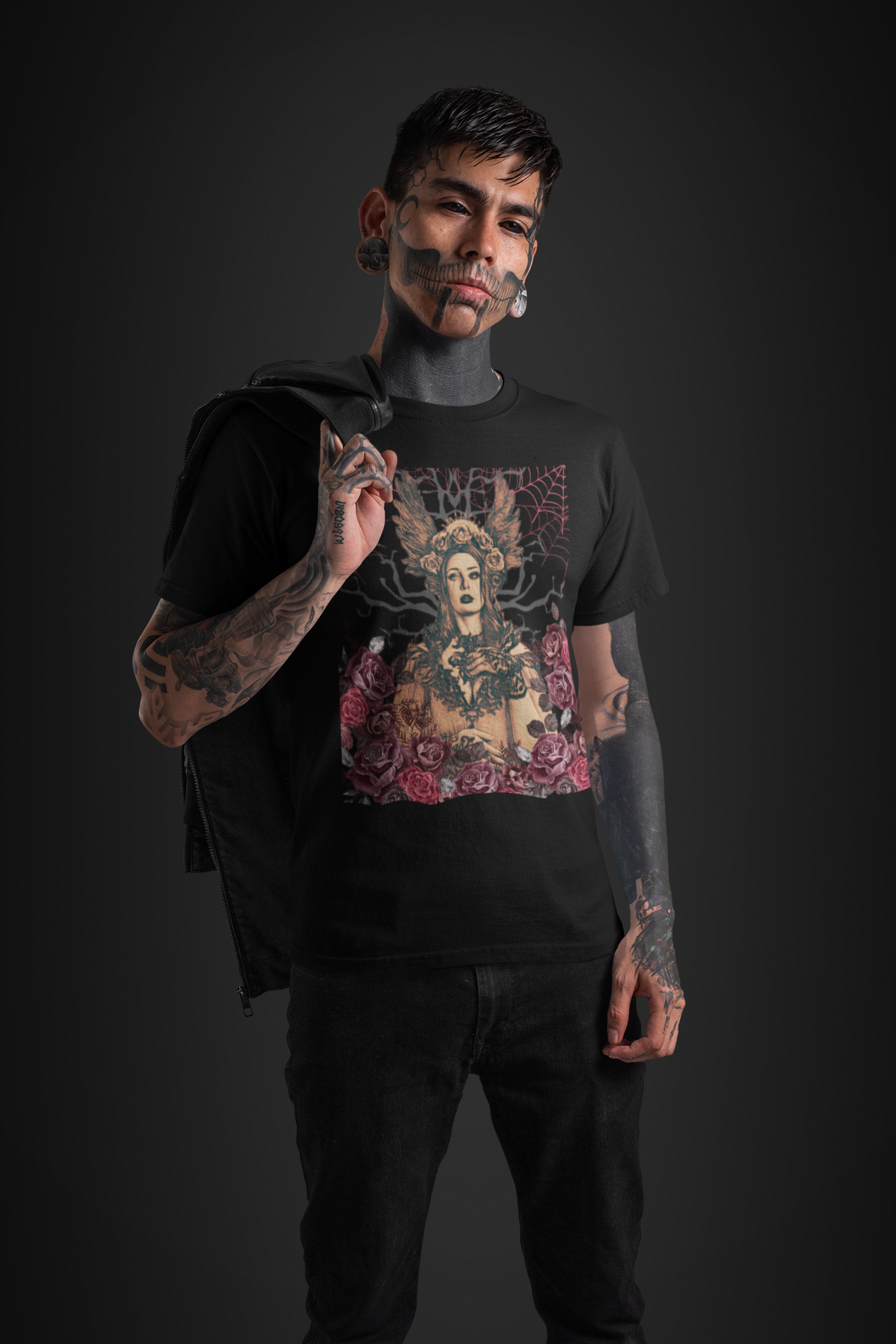 Alternative style man Wearing Lady Darkness T-shirt in black