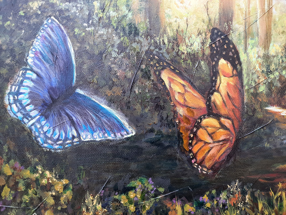 Miniatura: Landscape painting of a sunset  over a river in the forest with butterflies.