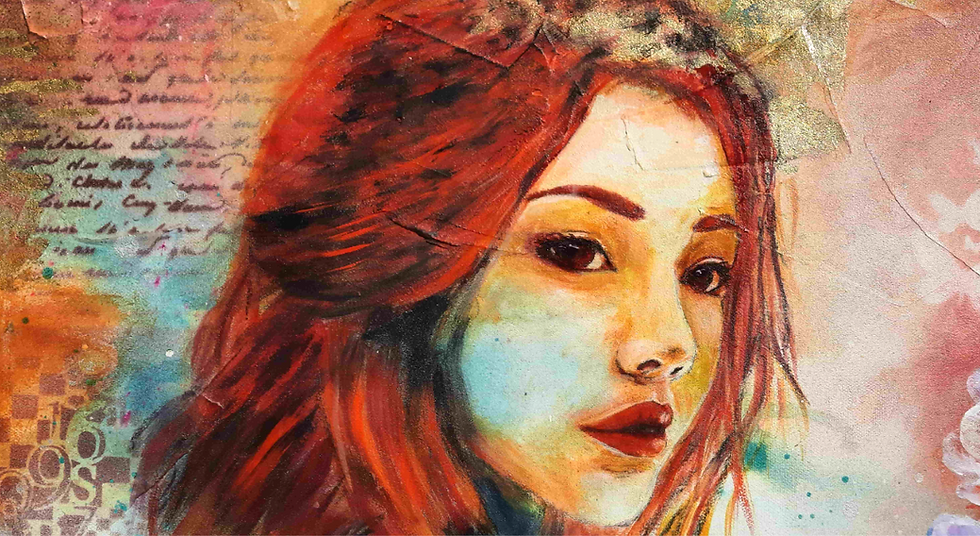 Thumbnail: red hair woman looking toward us with butterflies and flowers