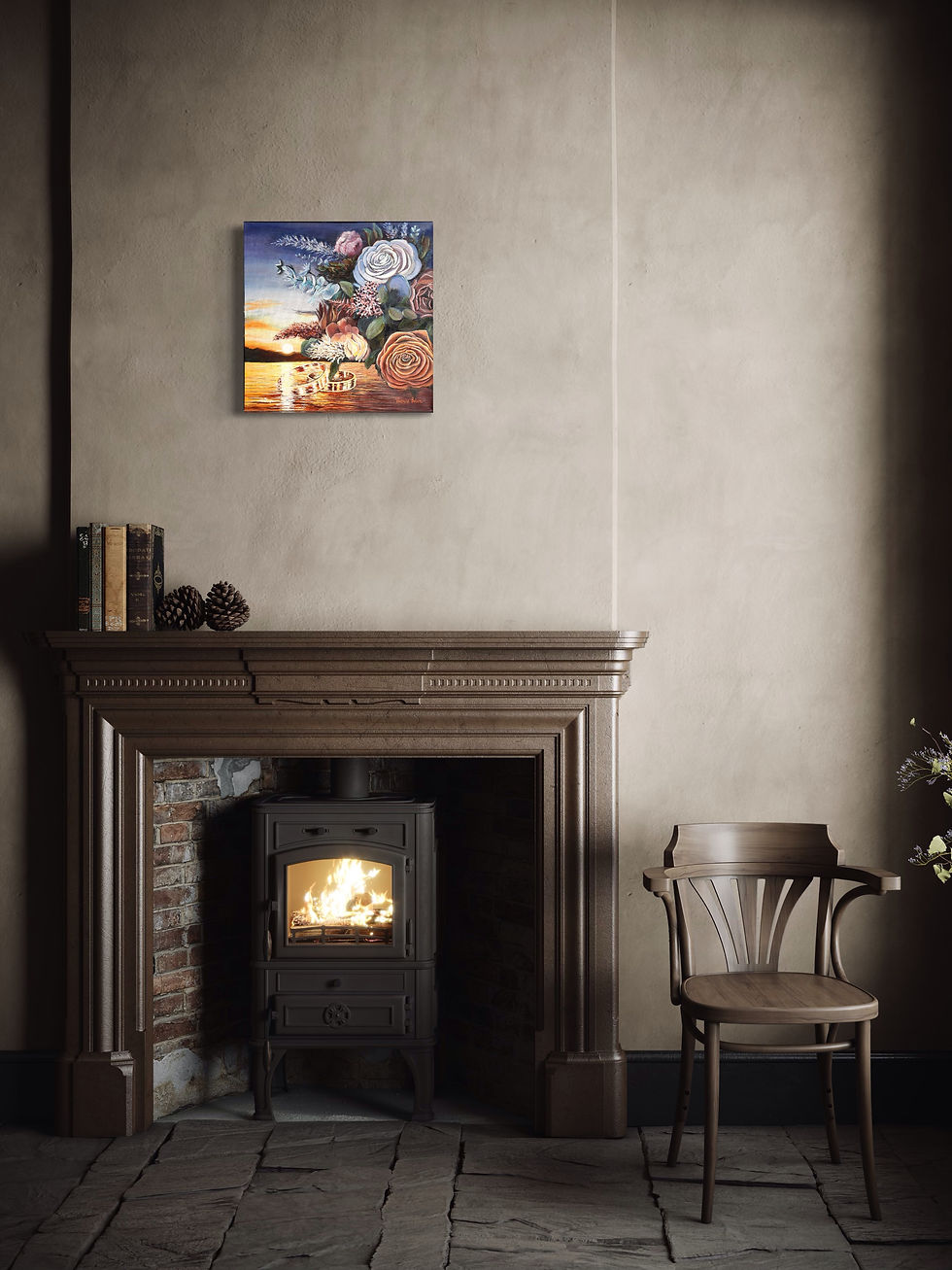 Miniature : Painting by Veronica Belam of flowers, rings and landscape sunset