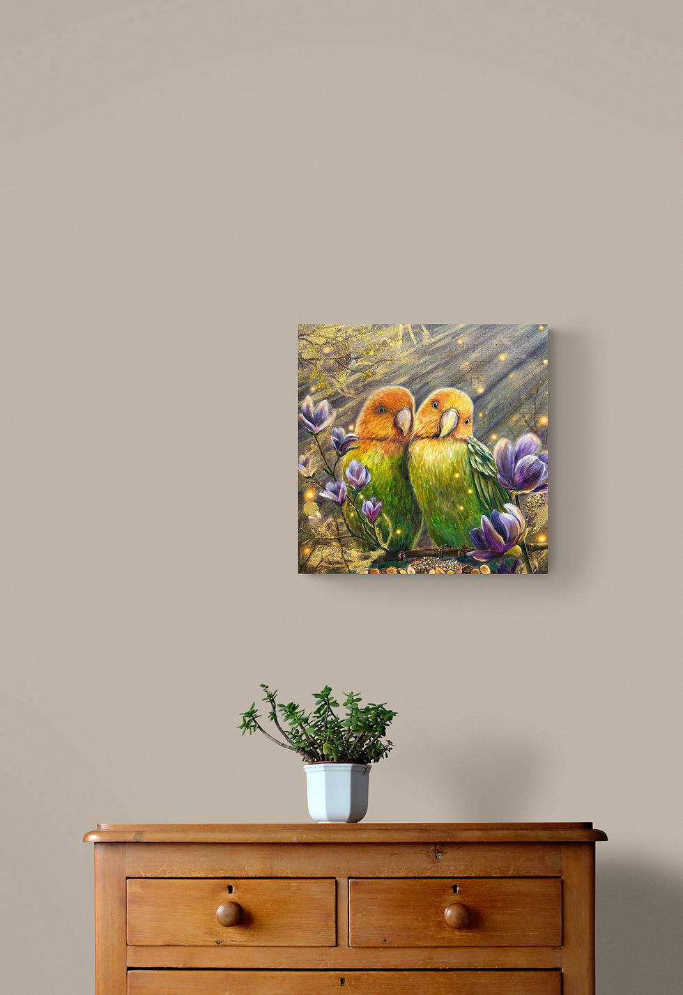 Thumbnail: Two parrots in love under sunlight, with violet flowers