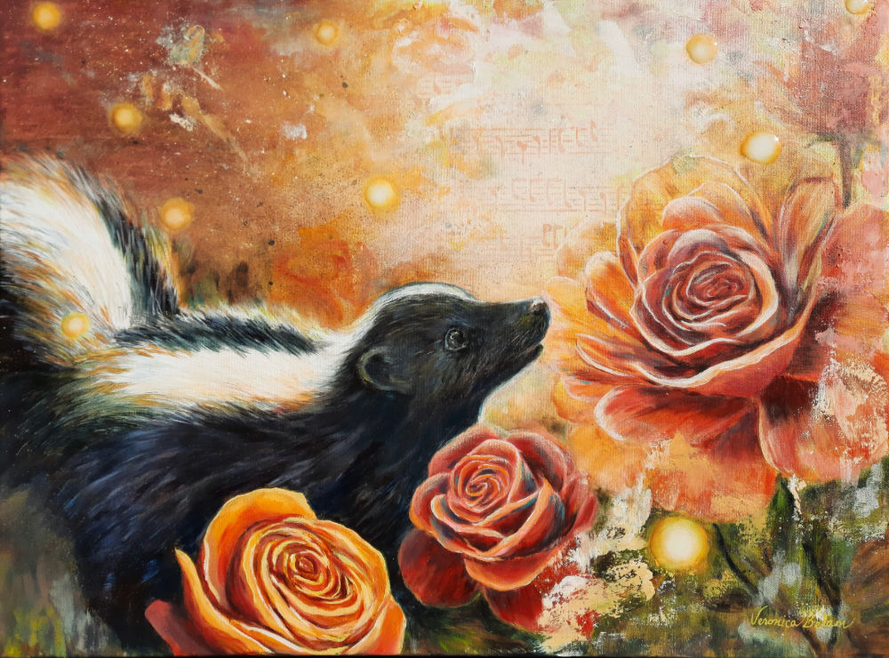 Peinture d'une moufette parmi les fleurs de l'artiste Veronica Belam