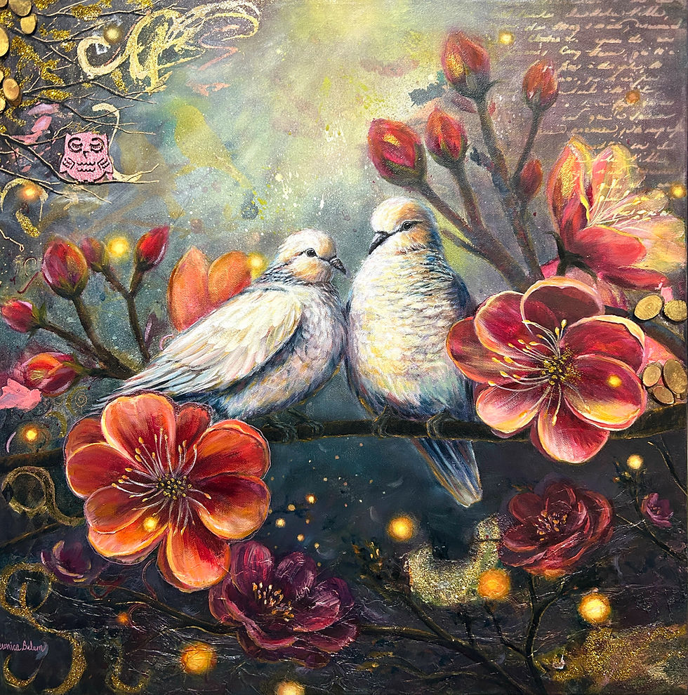Doves painting about softness, comfort, serenity, well-being and cozy space.