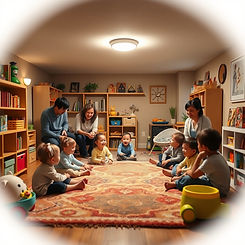 Warm Home-Like Interior Scene_Soft lighting with toys, rugs, bookshelves, and smiling care
