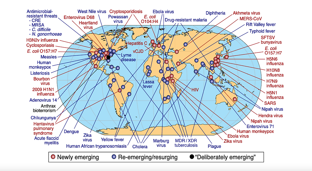 A map from the report shows global examples of emerging and reemerging diseases. Global Preparedness Monitoring Board