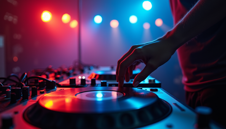 Close-up view of a DJ mixing music on a turntable with colorful lights