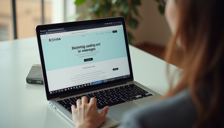 High angle view of a laptop screen showing a website homepage with a clear logo in the header
