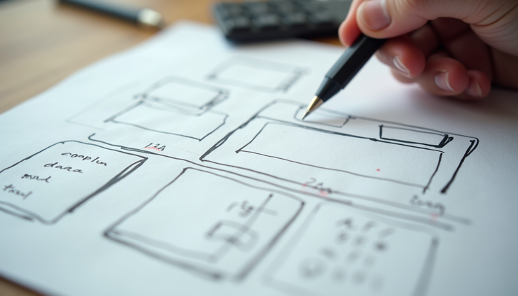 Close-up view of a website wireframe sketch on paper with notes