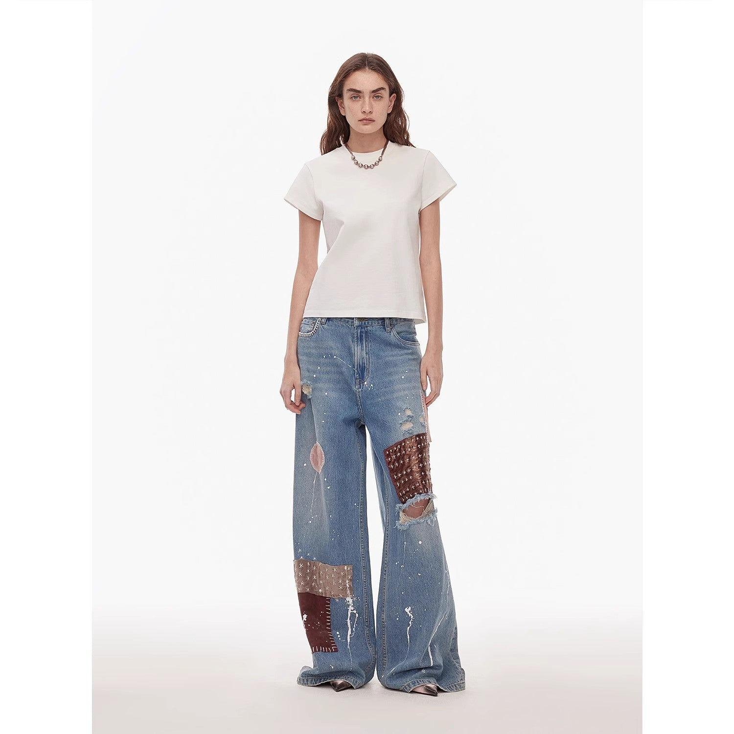 "Uninhibited Splicing" Mid-Low Waist Washed Ripped Hole Wide-Leg Jeans