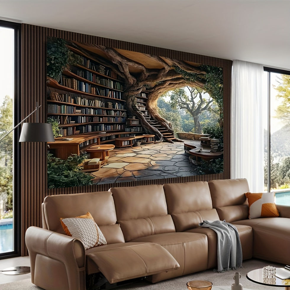 Thumbnail: Enchanted Tree Library with Bookshelves and Nature View Wall Tapestry 2D Flat Pr
