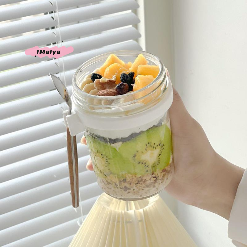 Thumbnail: 1/2Pcs 350ml Reusable Glass Overnight Oats Jar with Spoon Oatmeal Container Food