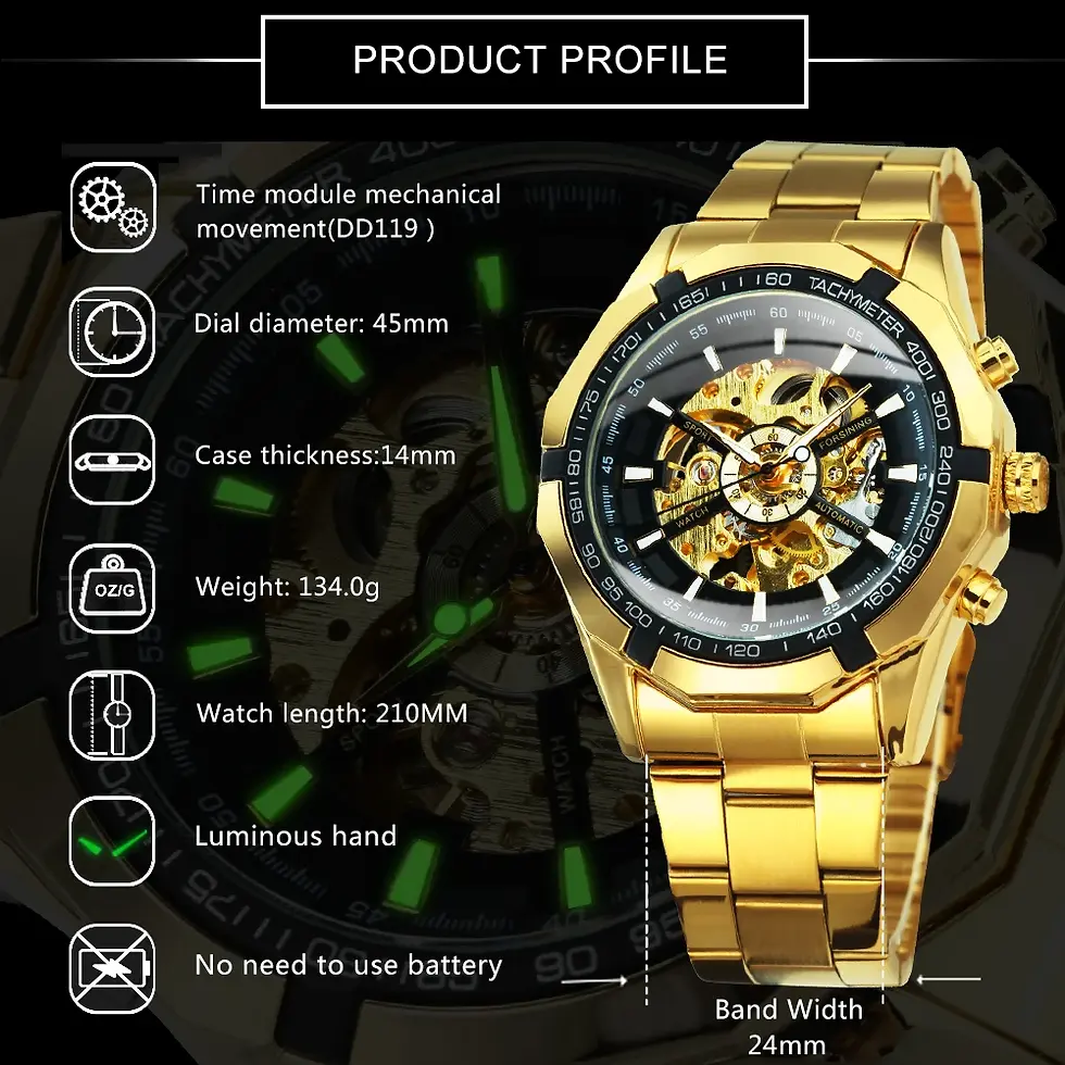 Thumbnail: Winner Watch Men Skeleton Automatic Mechanical Watch Gold Skeleton Vintage Man
