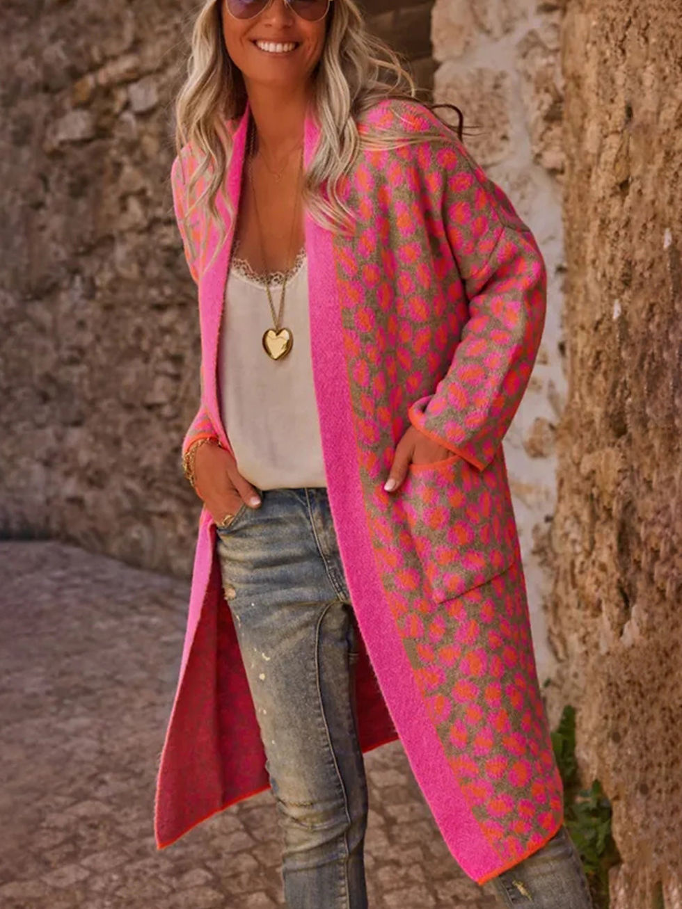 Thumbnail: Contrast Color Leopard Print Long Knitwear Fashion Retro Pocket Sweater