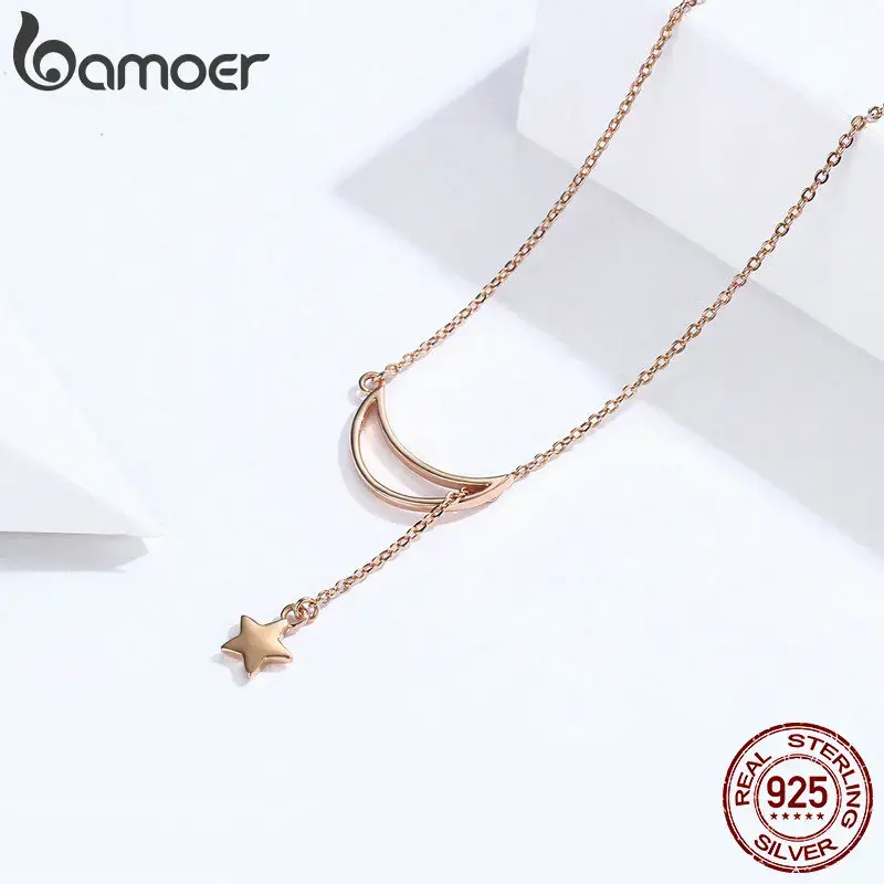 Thumbnail: BAMOER 925 Sterling Silver Minimalist Moon and Star Pendant Necklace