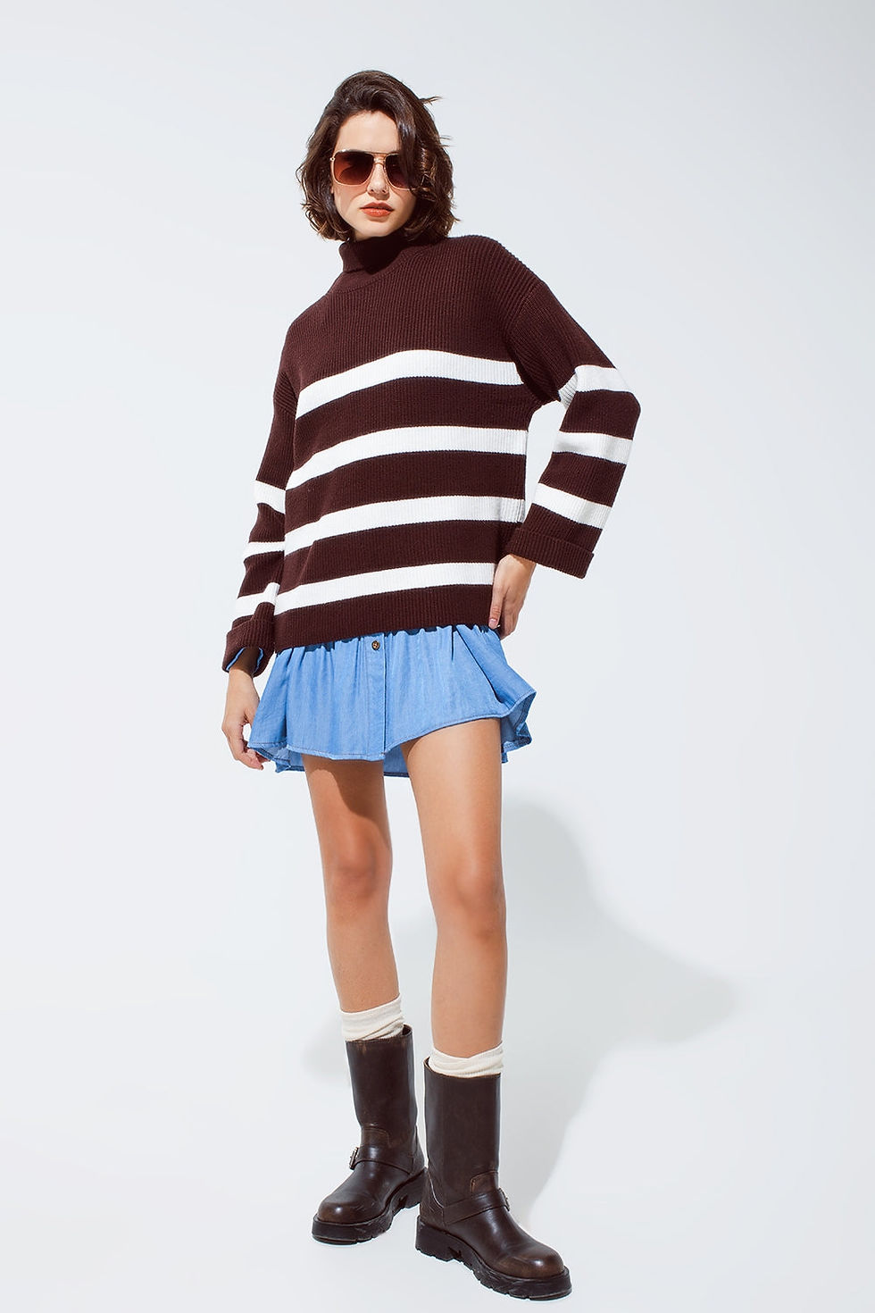 Thumbnail: Chocolate Brown Turtle Neck Sweater With White  Stripes