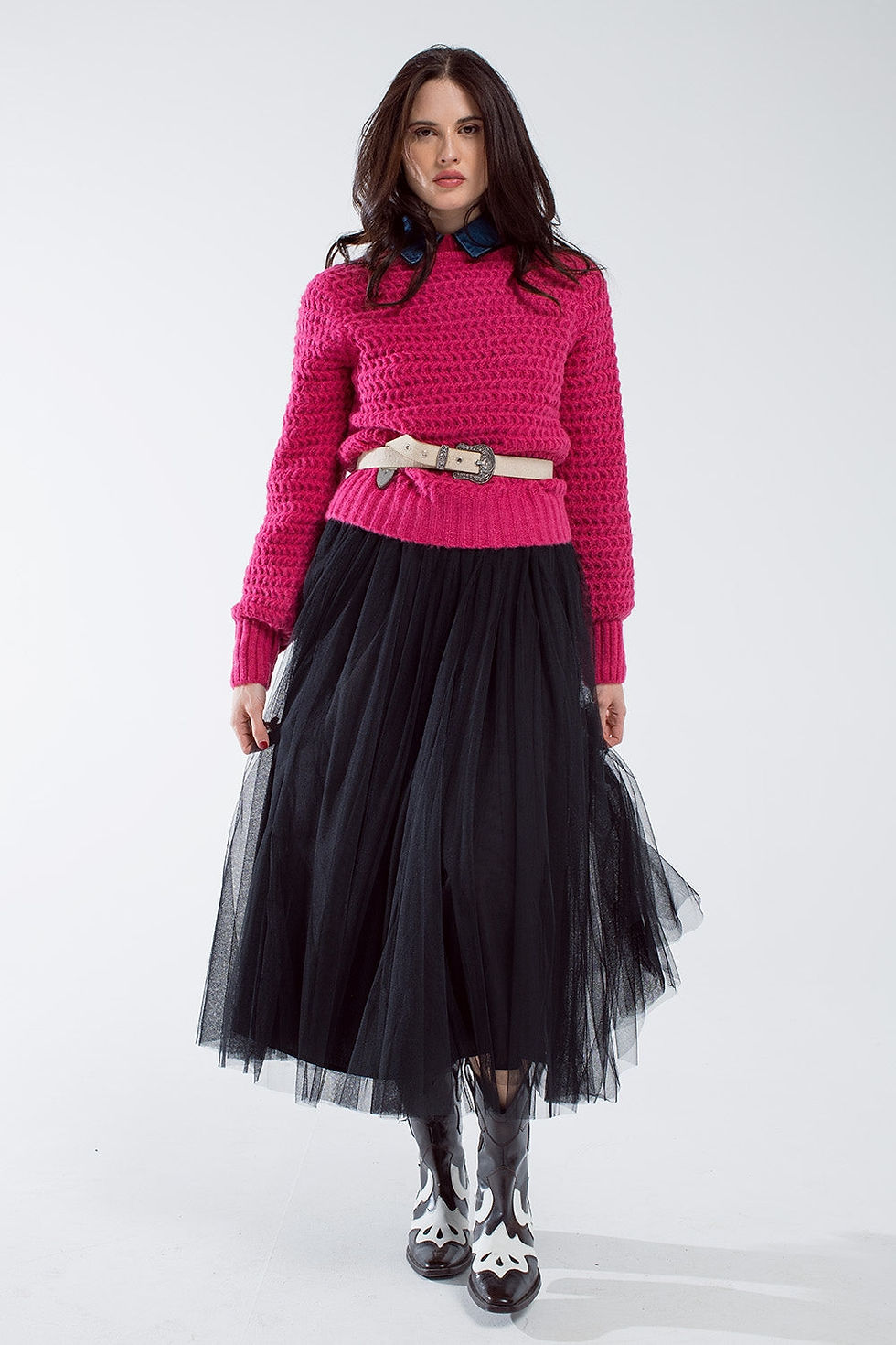 Thumbnail: Waffle Knit Relaxed Jumper With High Neck in Red