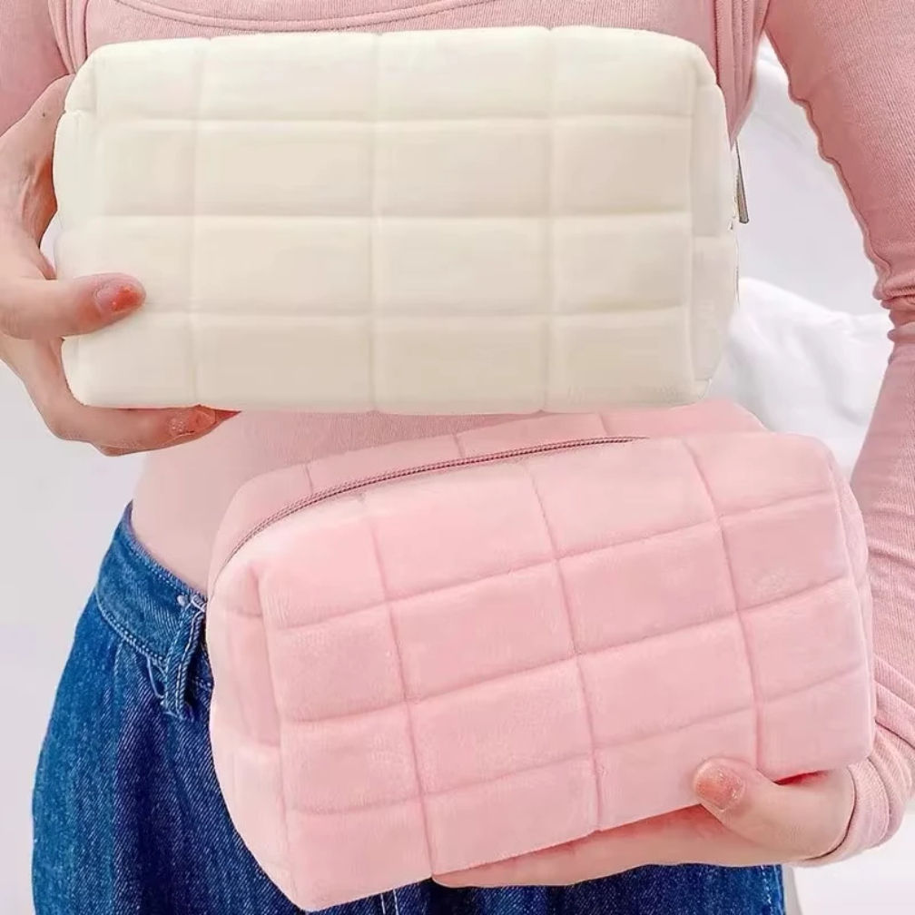 Solid Fur Cosmetic Storage Bag Large Women Zipper Makeup Organizer Handbag Stati