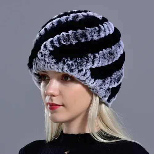 Thumbnail: Rabbit Winter Fur Hat for Women  Knitted Cap