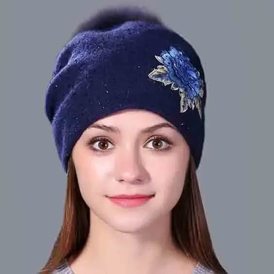 Thumbnail: Xthree Real Mink Pom Poms Wool Rabbit Fur Knitted Hat