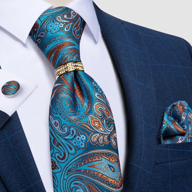 Thumbnail: Men Tie Blue Gold Paisley Quality Wedding Tie Set