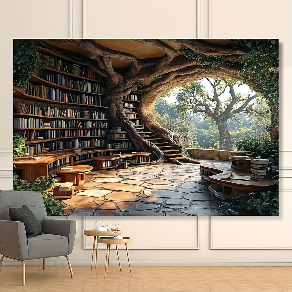 Thumbnail: Enchanted Tree Library with Bookshelves and Nature View Wall Tapestry 2D Flat Pr