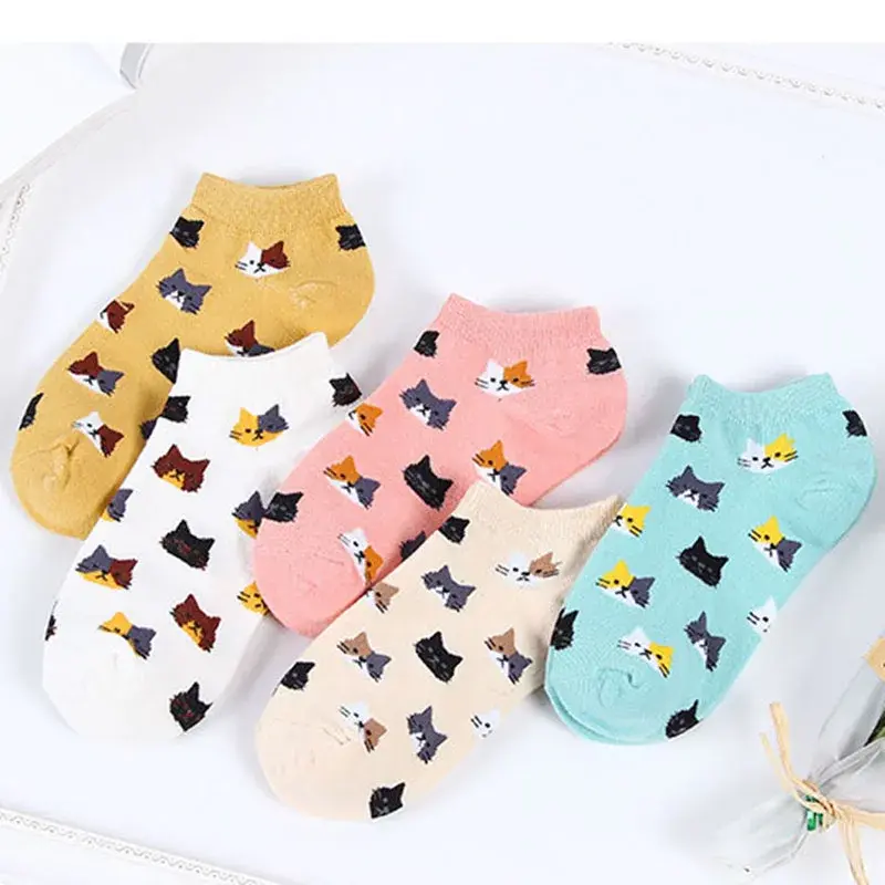 Thumbnail: 5Pairs New Women Cotton Ankle Socks Cute Cat Colorful Funny Socks