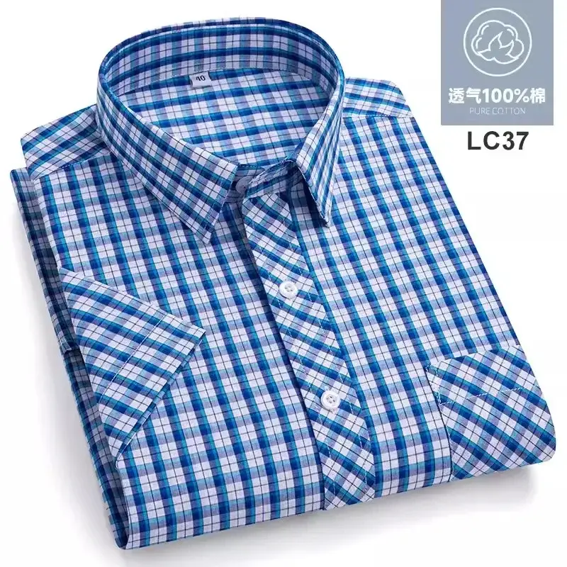 Thumbnail: Short Sleeve Pure Cotton Plaid Loose Large Male Dress Shirts