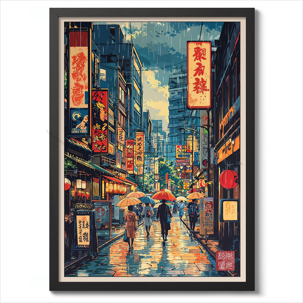 Thumbnail: Rainy Tokyo Japanese Woodblock Tea Emple Print  Anime City Poster Wall Art Decor