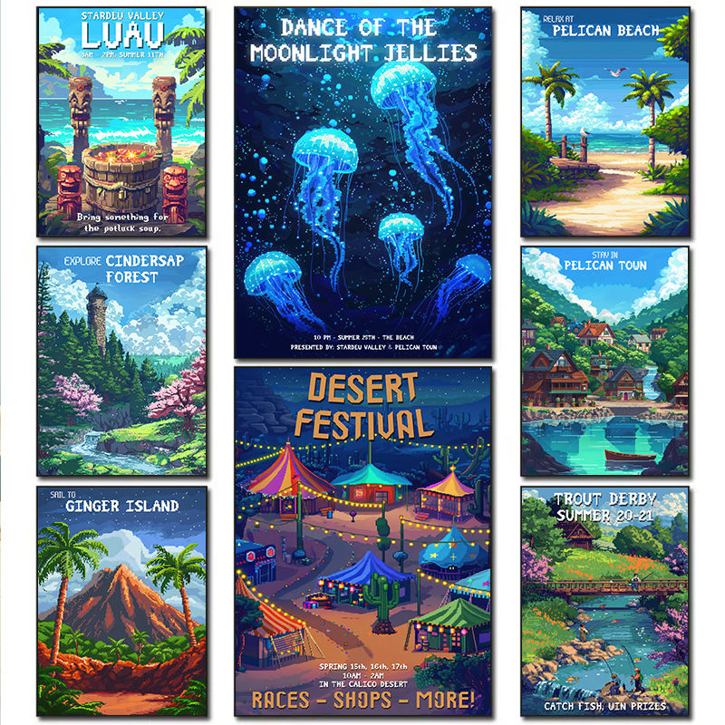 Moonlight Stardew Valley Festival Cartoon Ice Winter Forest Dessert Posters Canv