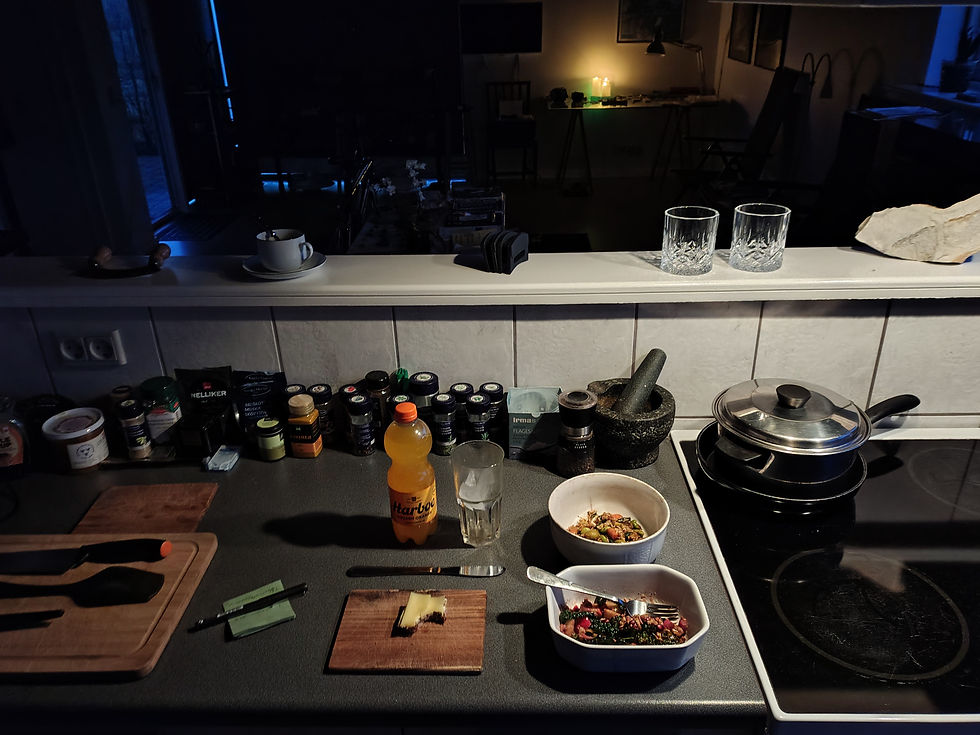 da mit genstridige køretøj, endelig triller hjem til car-porten, smider jeg resterne af påske-middagen ned med en feje-bakke -