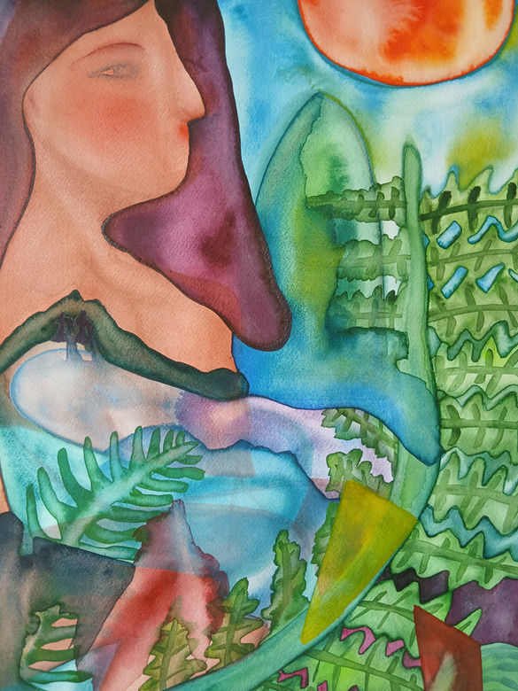 A woman sits with a bath tub and a giant fern, with other landscape elements and shards of colourful glass. There is a blue-green window in the background and a giant orange sun.