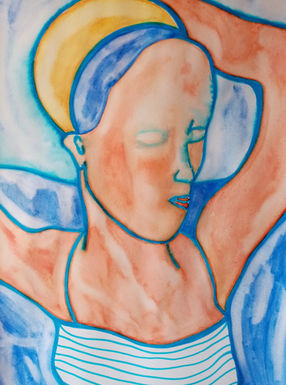 A portrait of a woman with the blue sea and sky behind her. Her arms are raised and she is wearing a blue and white striped top. Her hair is blue and the yellow sun frames her hair.