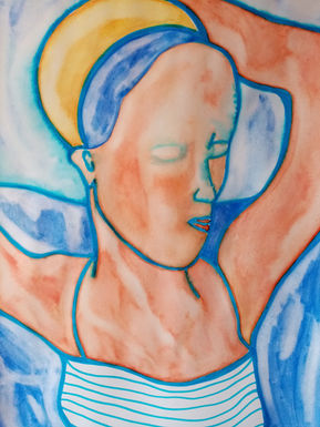 A portrait of a woman with the blue sea and sky behind her. Her arms are raised and she is wearing a blue and white striped top. Her hair is blue and the yellow sun frames her hair.