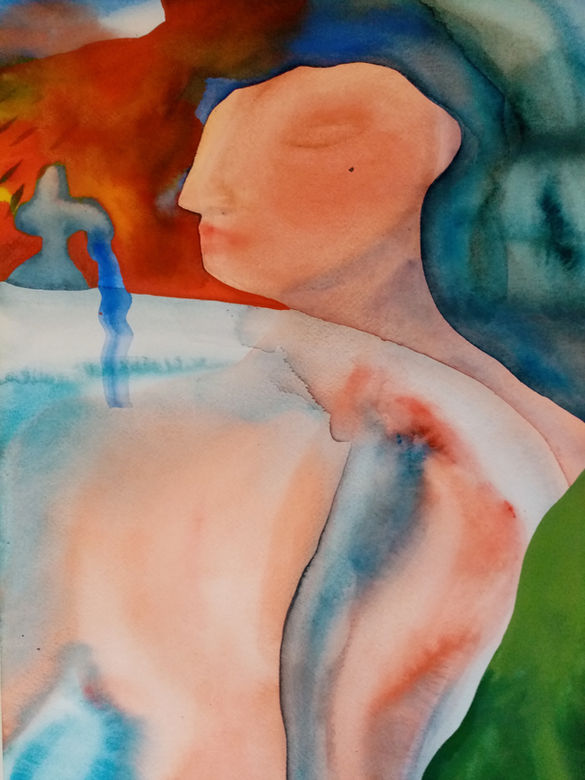An imaginative figure of a woman in a bathtub with an abstract landscape behind.