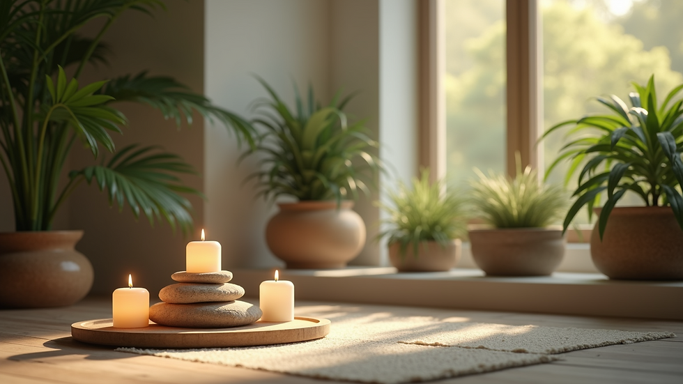 Close-up view of a meditation space with plants and candles