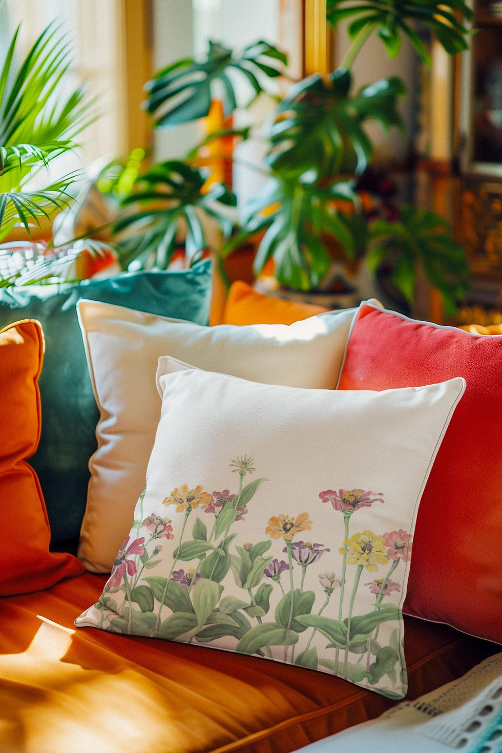 Thumbnail: Zinnias Watercolor Pillow | Botanical Art Decor