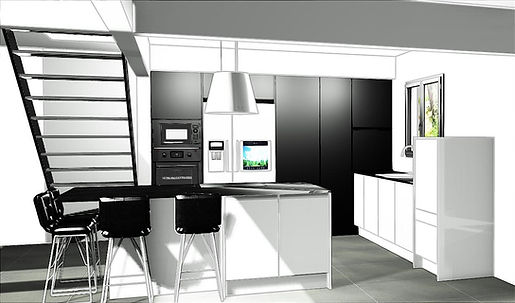 Vue 3D du projet de cuisine noire et blanche avec îlot central