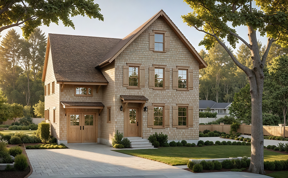 A three-story traditional shingle-style home with a warm wood exterior. The house features multiple steep gables, matching wood shutters, and carriage-style garage doors. A gray paver driveway and lush green landscaping surround the property under soft, golden sunset light.