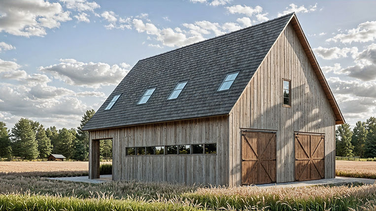 A modern two-story barndominium with weathered vertical wood siding and a steep shingle roof. The structure features four integrated skylights and a long horizontal ribbon window, set in a vast field of tall golden grass under a bright, cloudy sky.