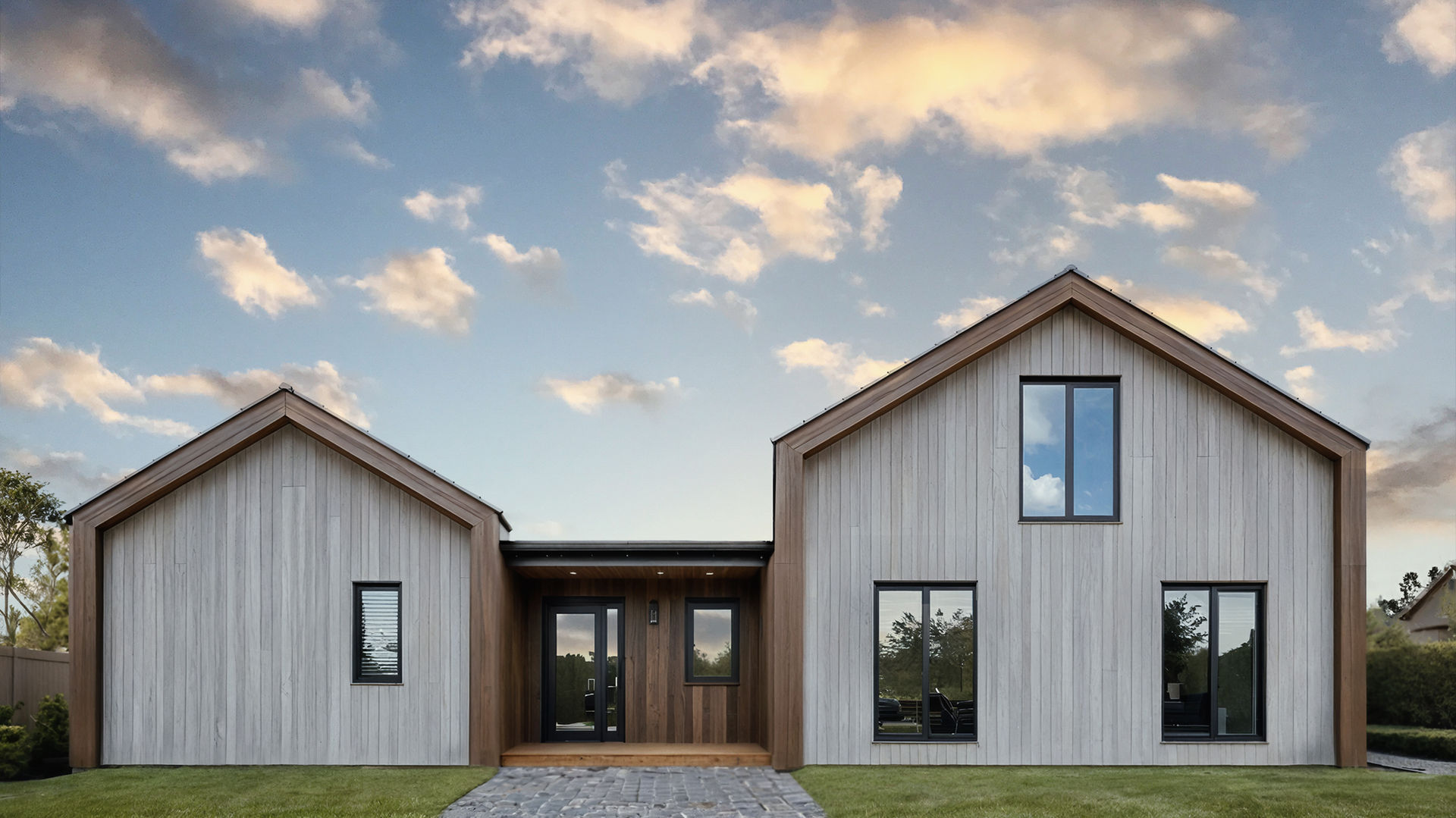 Custom modern house in Connecticut with wood siding and gable roof designed by a residential architect specializing in home design and renovations.