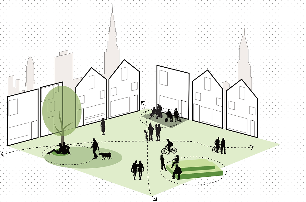 Conceptual public space between buildings, with people walking, cycling, gathering, and sitting beneath a tree and on steps.