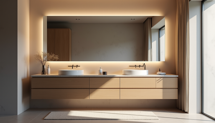 Close-up view of a bathroom vanity with layered lighting and storage