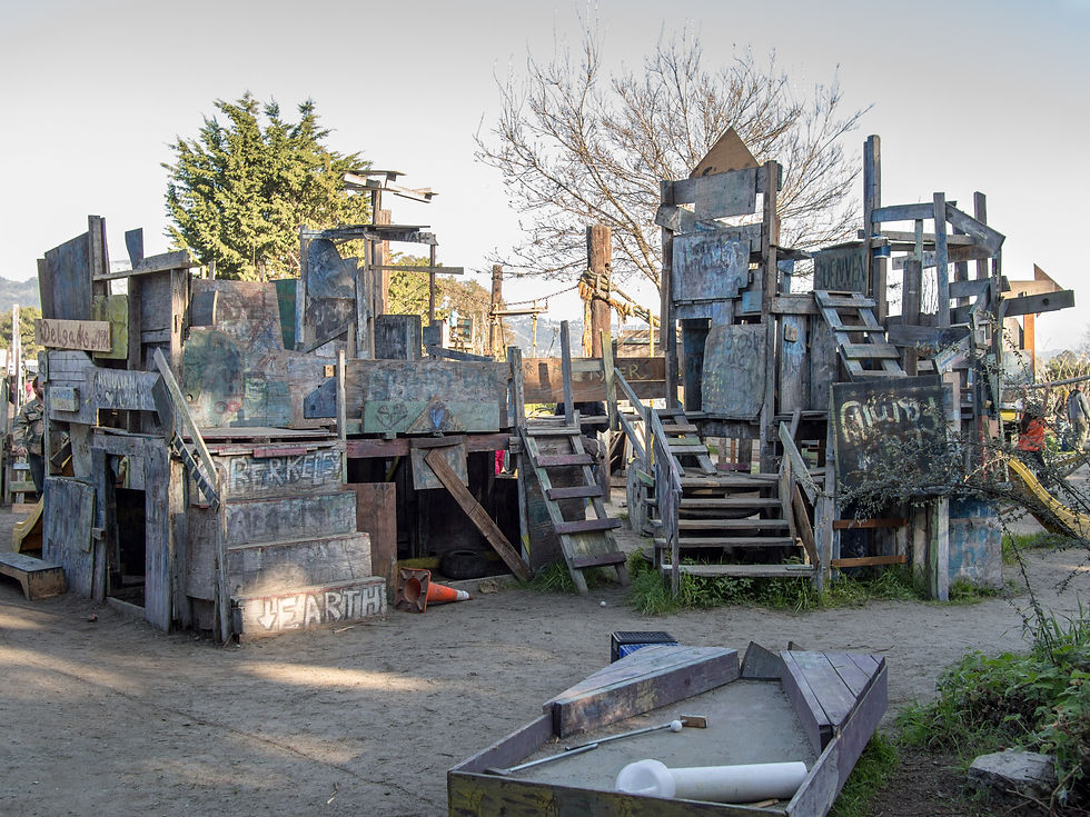 Wooden play structures with ladders, platforms, and painted panels at Adventure Playground in Berkeley.
