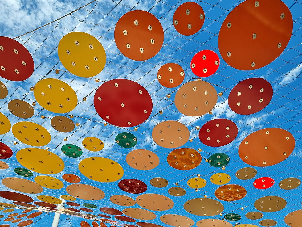 Colorful circular panels suspended on a cable grid form an overhead shade canopy at Wellington Square playground in Perth.