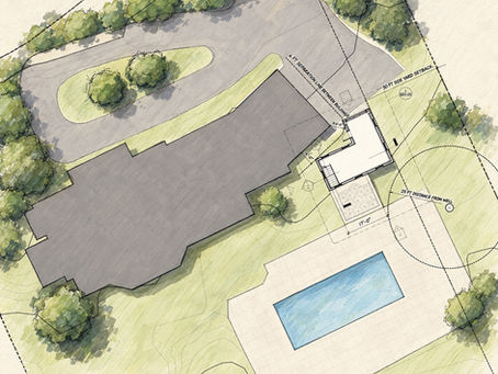 Hand-rendered site plan showing a Connecticut home, proposed studio and pool house, pool, setback, and well clearance.