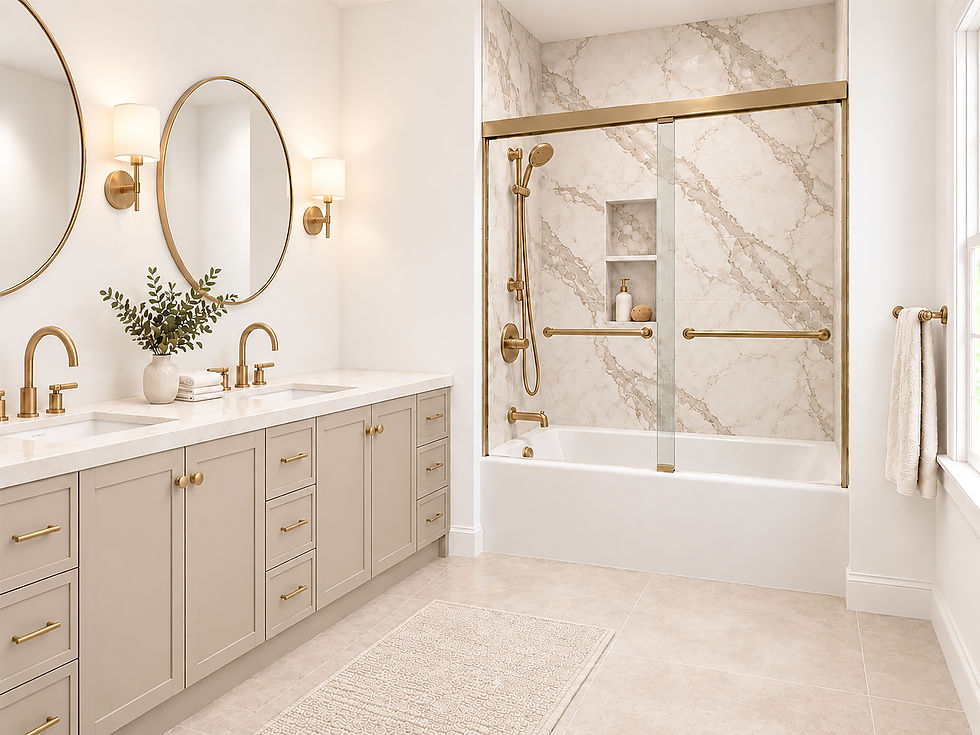 Bathroom renovation design with a taupe double vanity, oval mirrors, brass-toned fixtures, and a glass-enclosed tub and shower.